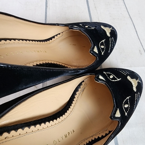 Charlotte Olympia Kitty Cat Embroidered Velvet Pump Black Gold Size 36/6 - Picture 16 of 16